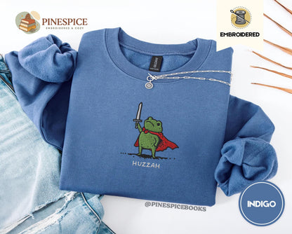 Huzzah Frog Sweatshirt, Embroidered Gildan 18000, Funny DnD Pullover, Renaissance Faire Frog Crewneck, Medieval Fantasy Gamer Gift