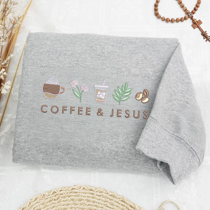 Embroidered Coffee and Jesus Crewneck: Christian Cozy Pullover