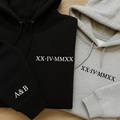 Roman Numeral Embroidered Matching Sweatshirt, Custom Initials With Heart Sleeve , Boyfriend Gift, Custom Anniversary Date Couple Jumper