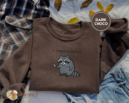 I require snacks sweatshirt, feral embroidered raccoon sweater, funny cozy gildan 18000, funny unhinged gift, embroidered animal sweatshirt
