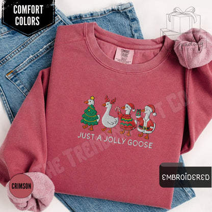 Embroidered Silly Goose Christmas Sweatshirt,Comfort Colors Just a Jolly Goose Gift Holiday Xmas Crewneck,Christmas Lights Santa Goose Shirt