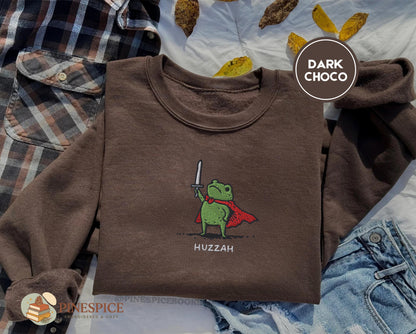 Huzzah Frog Sweatshirt, Embroidered Gildan 18000, Funny DnD Pullover, Renaissance Faire Frog Crewneck, Medieval Fantasy Gamer Gift