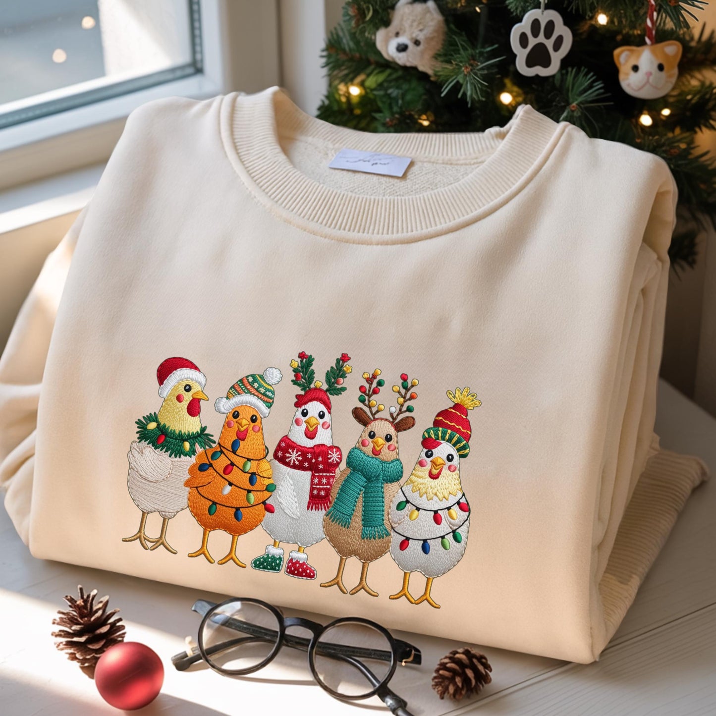 Embroidered Christmas Chickens Sweatshirt – Funny Holiday Farm Shirt