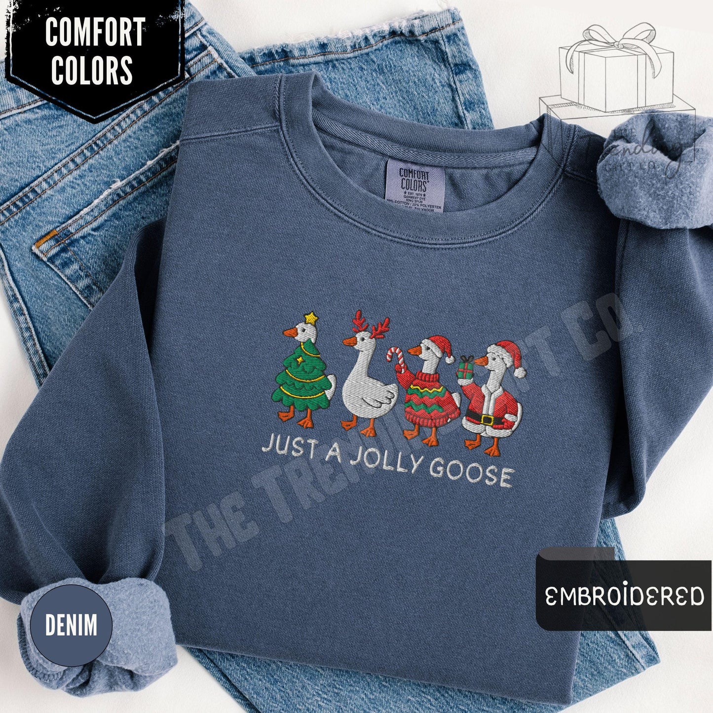 Embroidered Silly Goose Christmas Sweatshirt,Comfort Colors Just a Jolly Goose Gift Holiday Xmas Crewneck,Christmas Lights Santa Goose Shirt