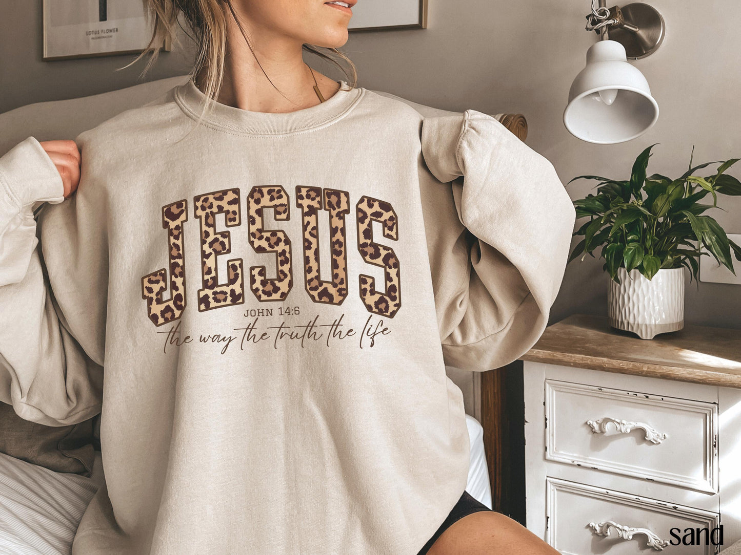 Christian Jesus Sweatshirt, Cheetah Print Bible Verse Tshirt, Trendy Faith Apparel Gift, Jesus Loves You, The Way The Truth The Life