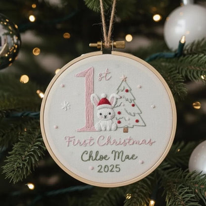 Custom Reindeer Baby's First Christmas Hand Embroidered Ornament, Personalized Unique Gift for New Baby, 2025 Christmas Gift, Holiday Decor