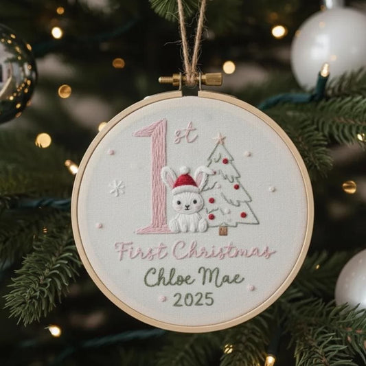 Custom Reindeer Baby's First Christmas Hand Embroidered Ornament, Personalized Unique Gift for New Baby, 2025 Christmas Gift, Holiday Decor