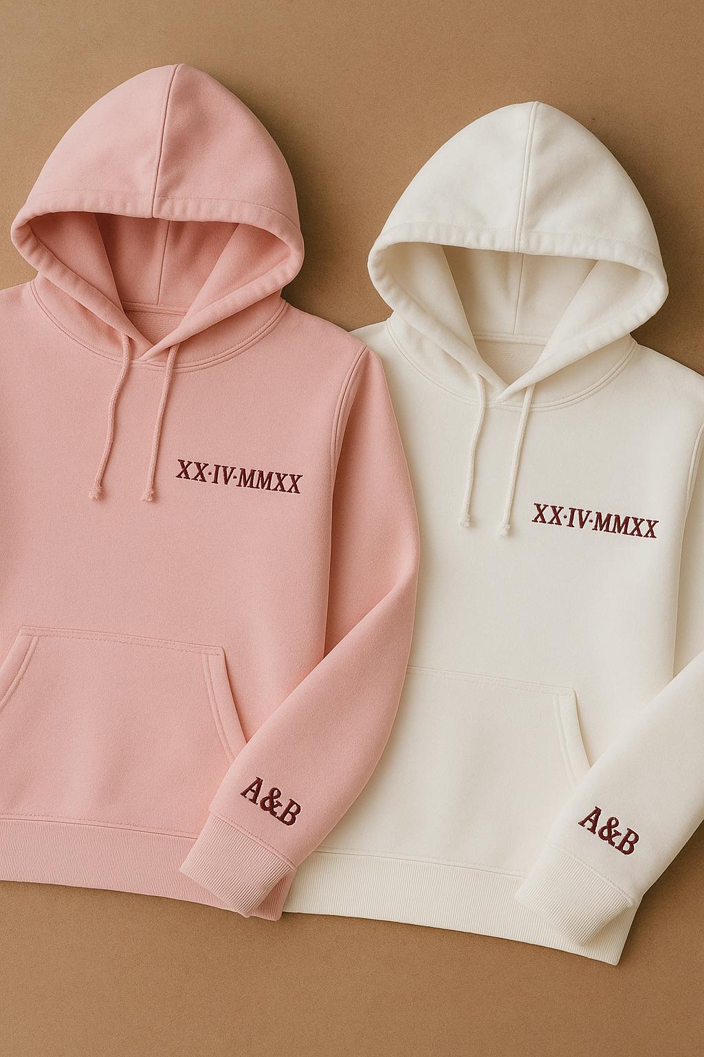 Roman Numeral Embroidered Matching Hoodie, Custom Initials With Heart Sleeve Jumper, Boyfriend Gift, Custom Anniversary Date Couple Hoodies