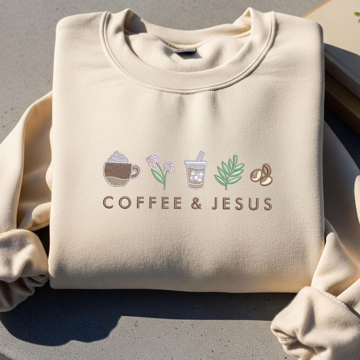 Embroidered Coffee and Jesus Crewneck: Christian Cozy Pullover