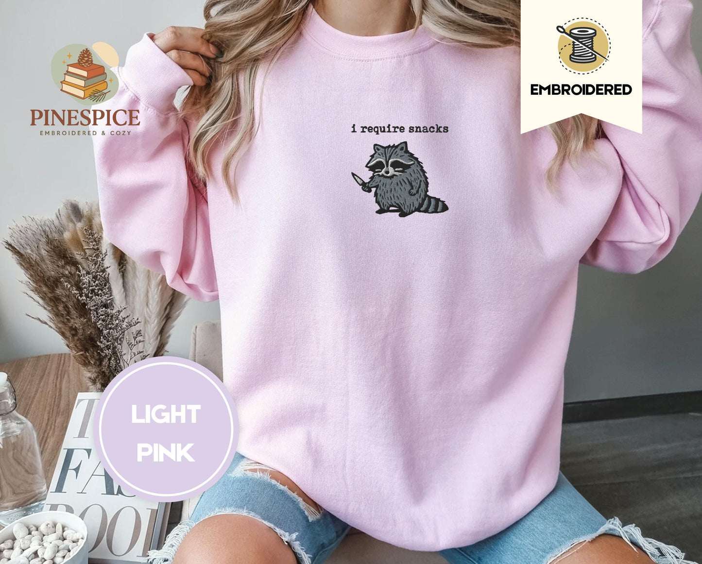 I require snacks sweatshirt, feral embroidered raccoon sweater, funny cozy gildan 18000, funny unhinged gift, embroidered animal sweatshirt