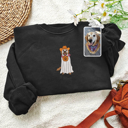 Custom Embroidered Halloween Dog Sweatshirt: Witch Costume, Personalized Pet Portrait