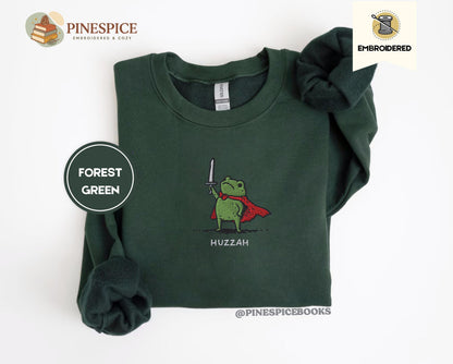 Huzzah Frog Sweatshirt, Embroidered Gildan 18000, Funny DnD Pullover, Renaissance Faire Frog Crewneck, Medieval Fantasy Gamer Gift