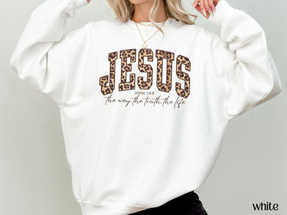 Christian Jesus Sweatshirt, Cheetah Print Bible Verse Tshirt, Trendy Faith Apparel Gift, Jesus Loves You, The Way The Truth The Life