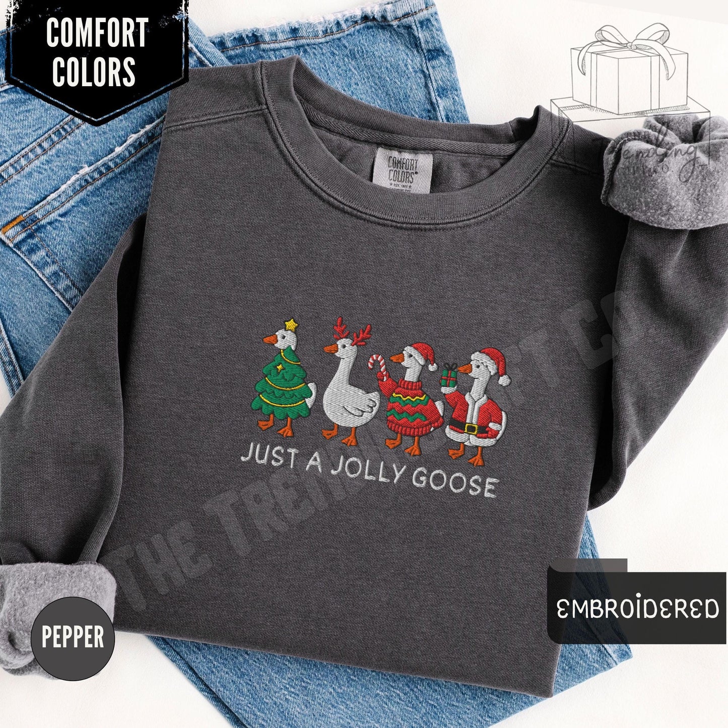 Embroidered Silly Goose Christmas Sweatshirt,Comfort Colors Just a Jolly Goose Gift Holiday Xmas Crewneck,Christmas Lights Santa Goose Shirt