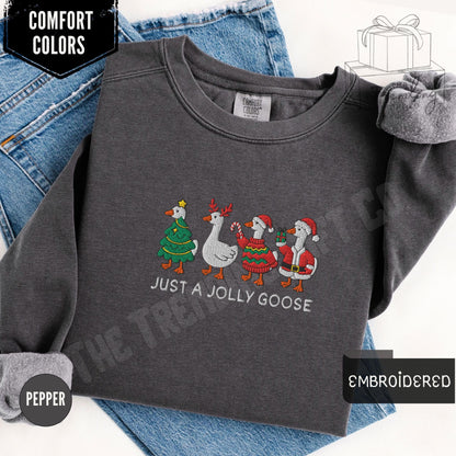 Embroidered Silly Goose Christmas Sweatshirt,Comfort Colors Just a Jolly Goose Gift Holiday Xmas Crewneck,Christmas Lights Santa Goose Shirt