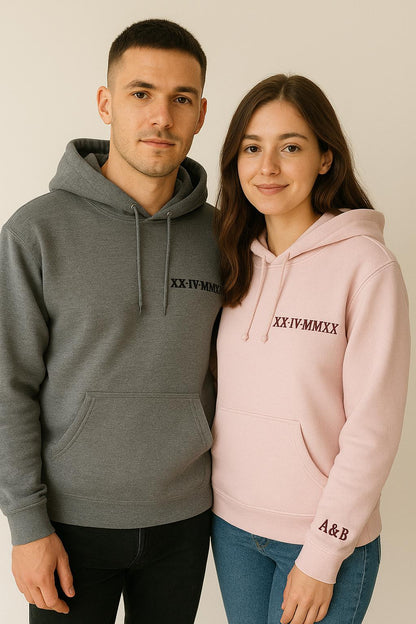 Roman Numeral Embroidered Matching Hoodie, Custom Initials With Heart Sleeve Jumper, Boyfriend Gift, Custom Anniversary Date Couple Hoodies