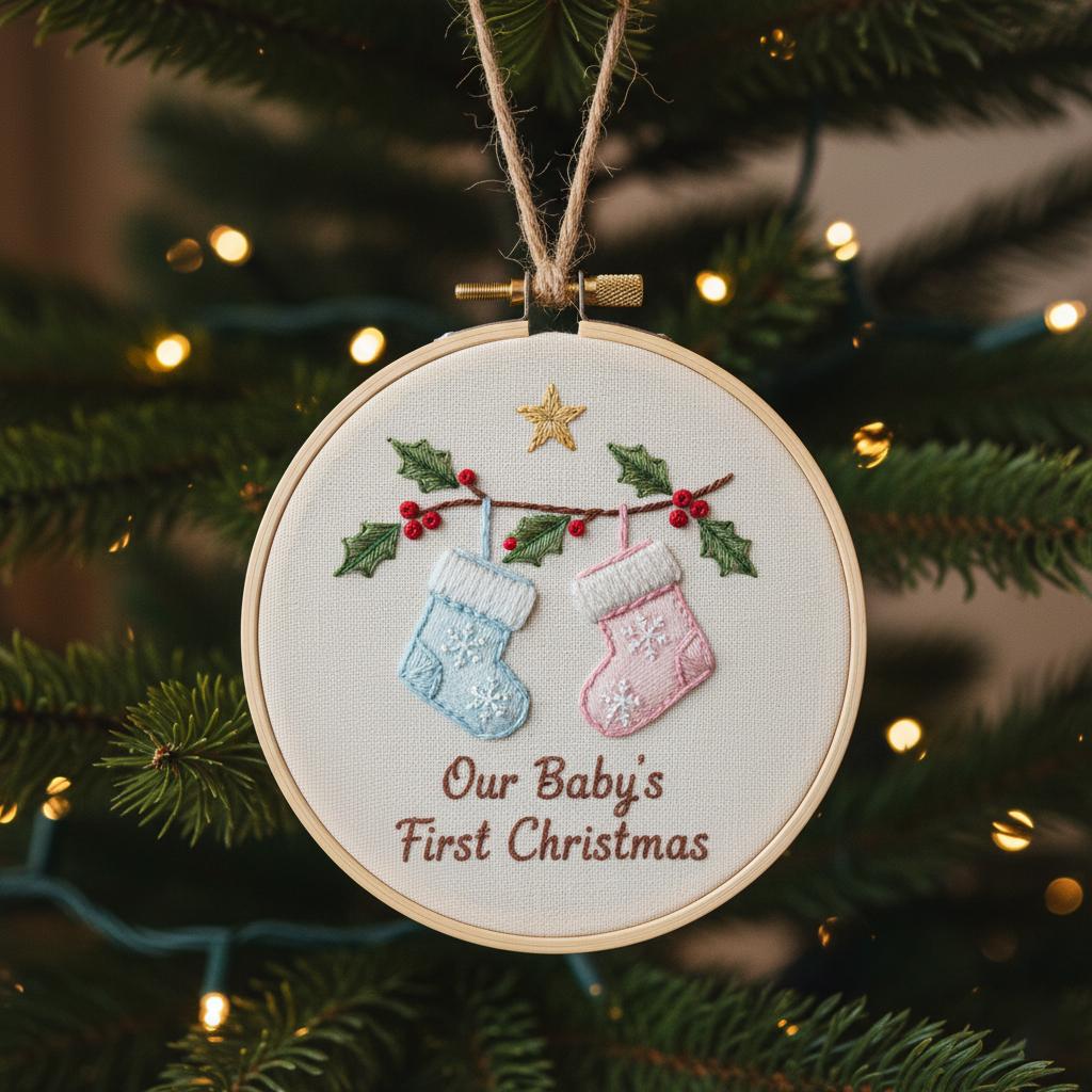 Personalized Baby's First Christmas Hand Embroidered Ornament, Handmade Holiday Decor, Unique Gift for New Baby, Custom Christmas Tree Gift 6