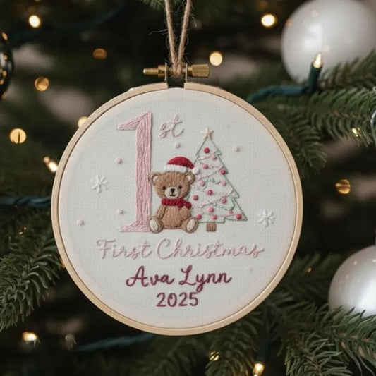 Custom Reindeer Baby's First Christmas Hand Embroidered Ornament, Personalized Unique Gift for New Baby, 2025 Christmas Gift, Holiday Decor 2