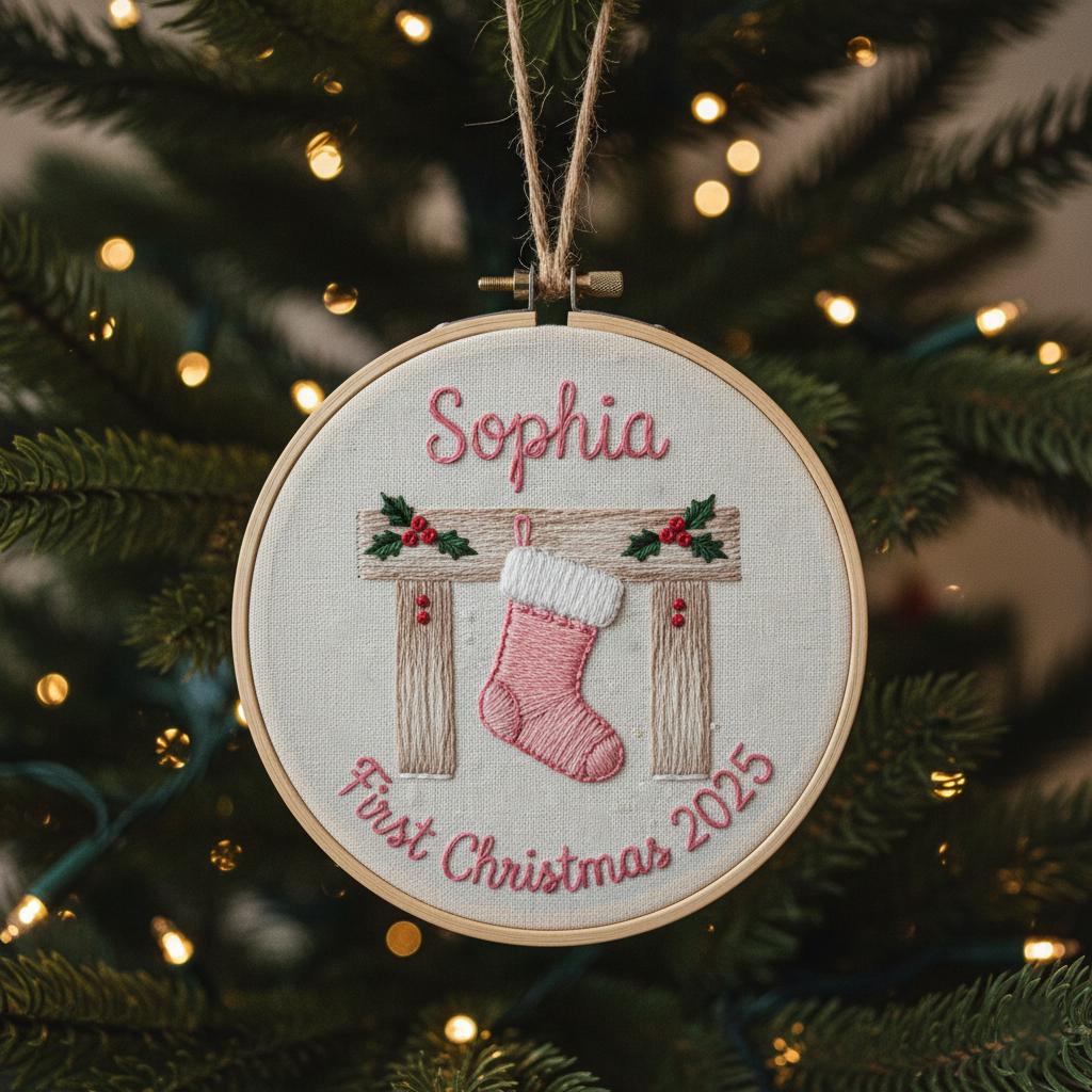 Personalized Baby's First Christmas Hand Embroidered Ornament, Handmade Holiday Decor, Unique Gift for New Baby, Custom Christmas Tree Gift 6
