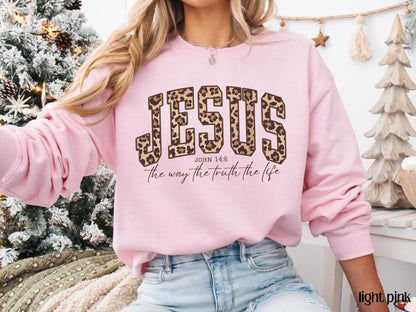 Christian Jesus Sweatshirt, Cheetah Print Bible Verse Tshirt, Trendy Faith Apparel Gift, Jesus Loves You, The Way The Truth The Life