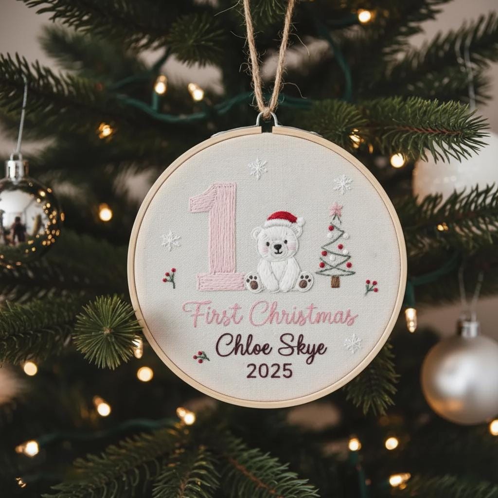 Custom Reindeer Baby's First Christmas Hand Embroidered Ornament, Personalized Unique Gift for New Baby, 2025 Christmas Gift, Holiday Decor 3