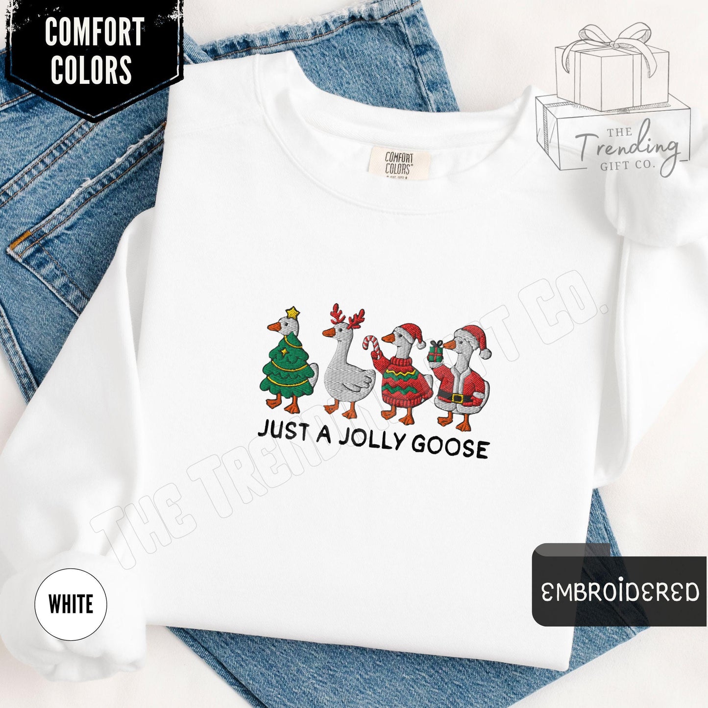 Embroidered Silly Goose Christmas Sweatshirt,Comfort Colors Just a Jolly Goose Gift Holiday Xmas Crewneck,Christmas Lights Santa Goose Shirt