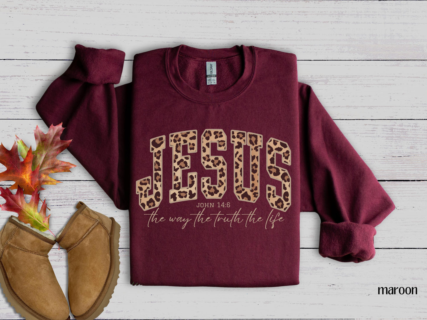 Christian Jesus Sweatshirt, Cheetah Print Bible Verse Tshirt, Trendy Faith Apparel Gift, Jesus Loves You, The Way The Truth The Life