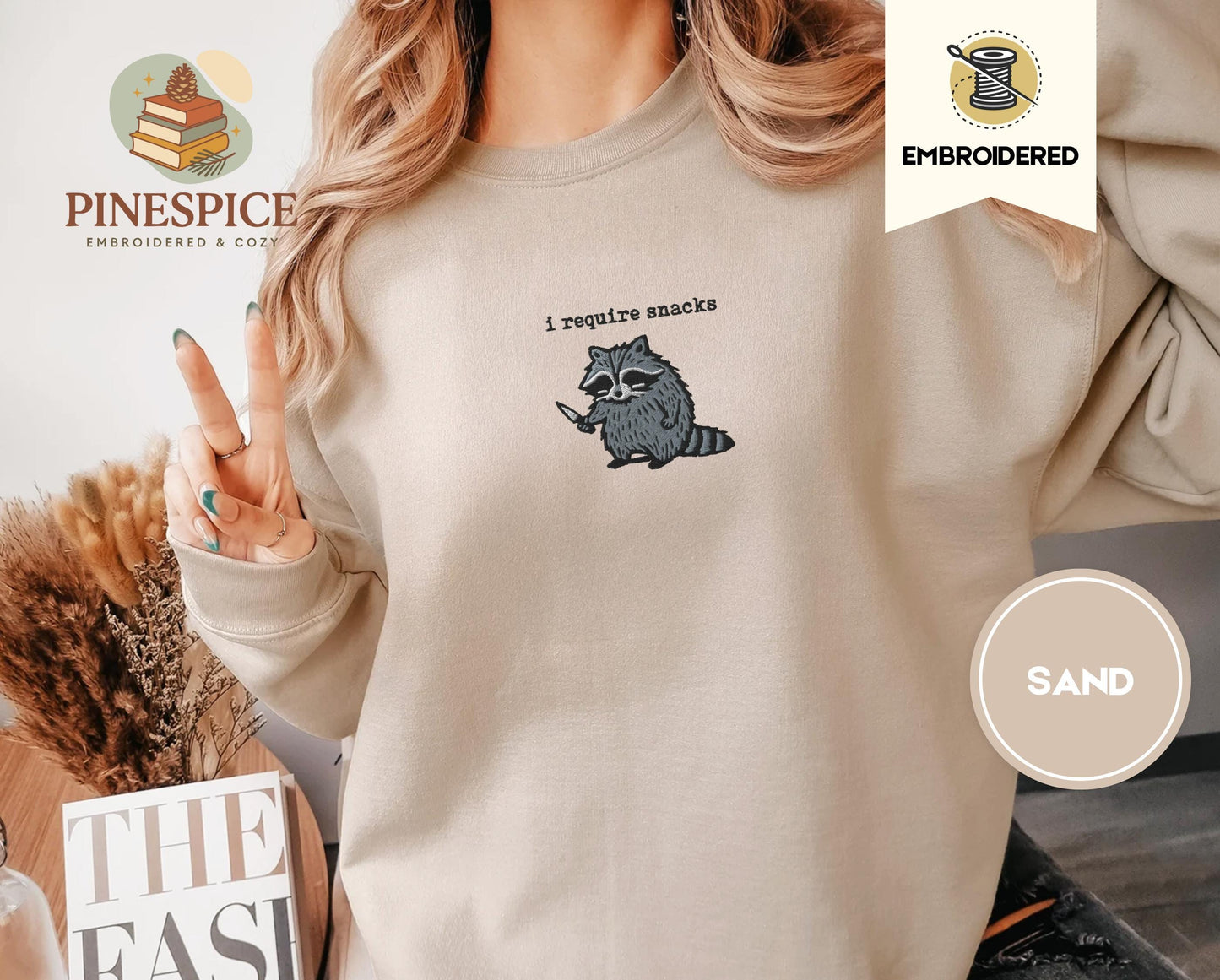 I require snacks sweatshirt, feral embroidered raccoon sweater, funny cozy gildan 18000, funny unhinged gift, embroidered animal sweatshirt