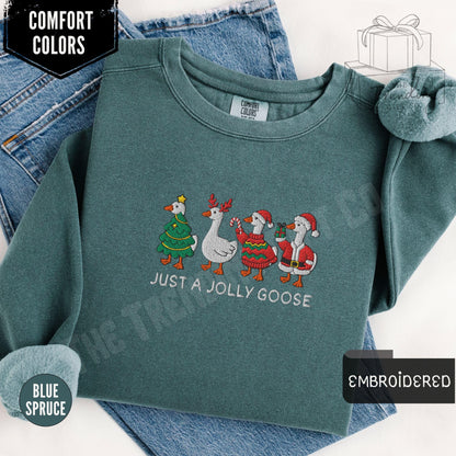 Embroidered Silly Goose Christmas Sweatshirt,Comfort Colors Just a Jolly Goose Gift Holiday Xmas Crewneck,Christmas Lights Santa Goose Shirt