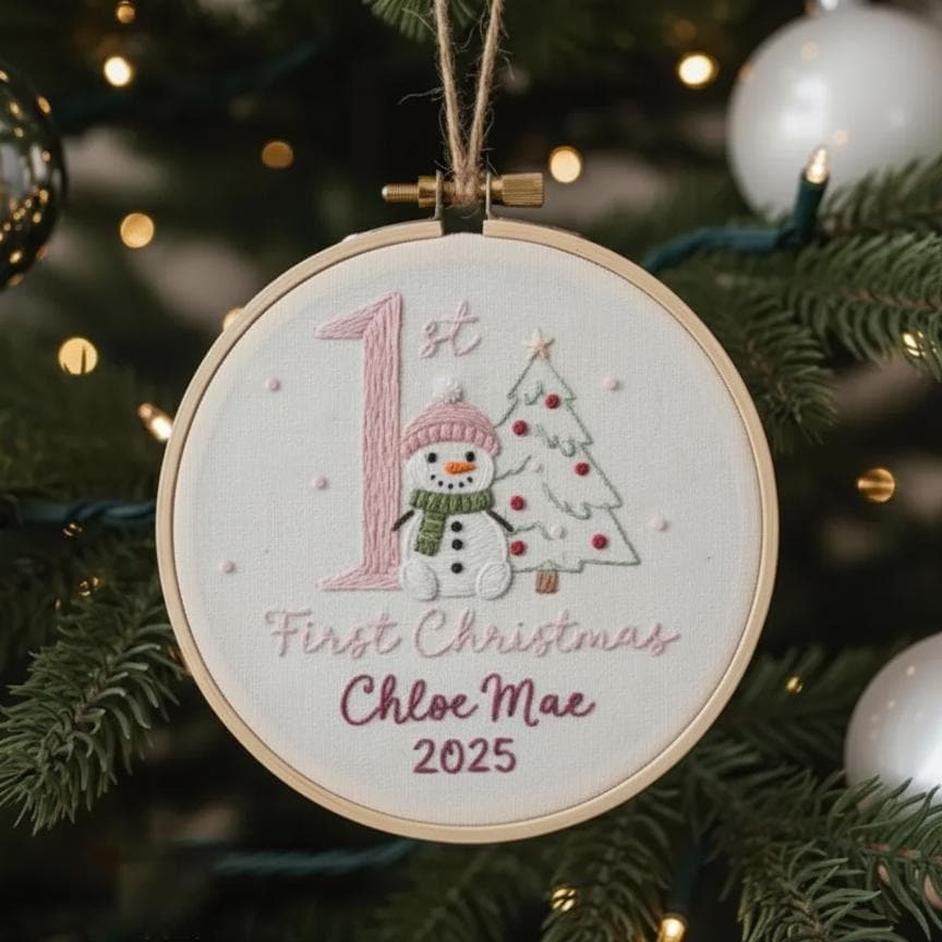 Custom Reindeer Baby's First Christmas Hand Embroidered Ornament, Personalized Unique Gift for New Baby, 2025 Christmas Gift, Holiday Decor 4